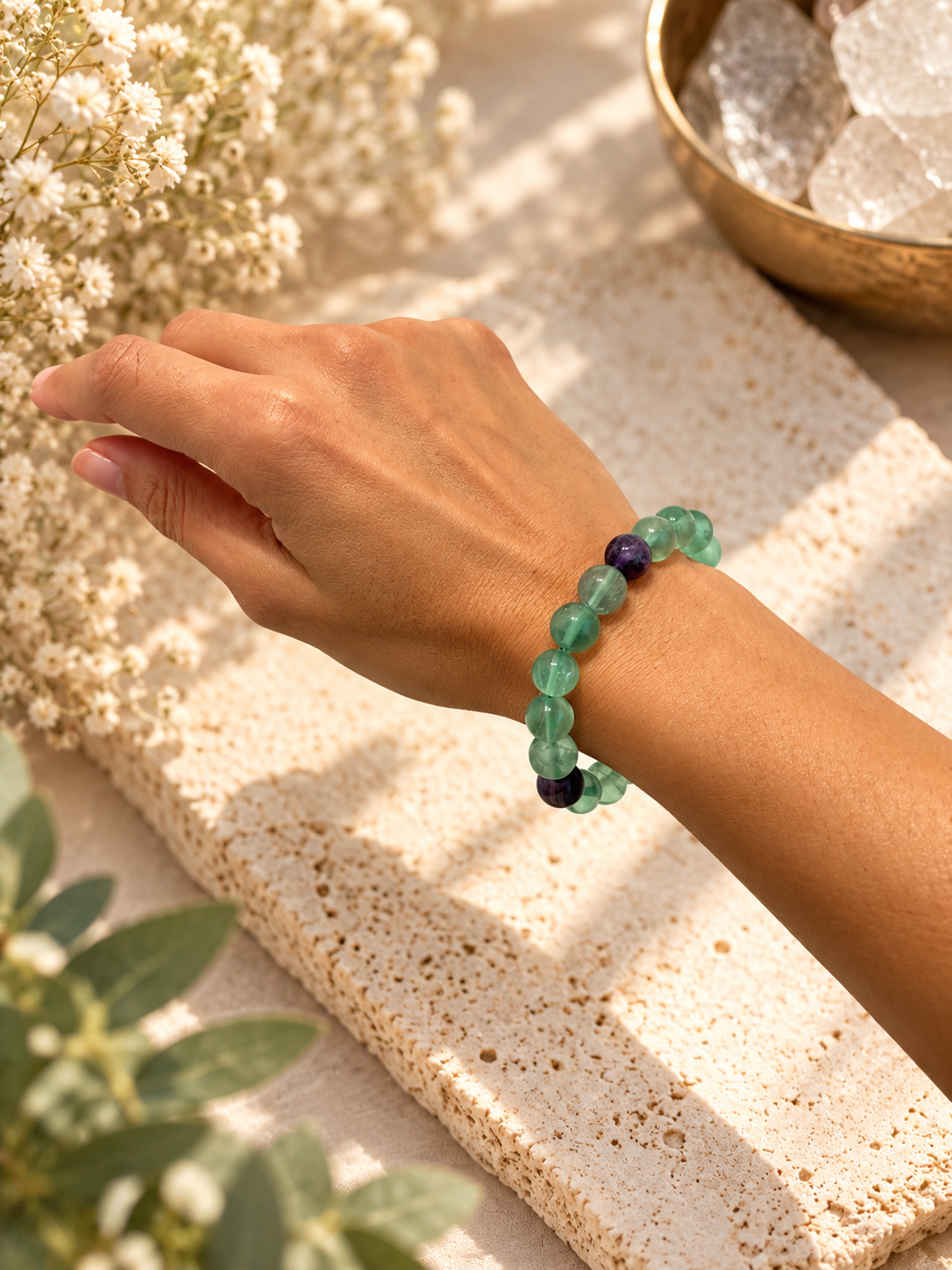 Handmade fluorite crystal bracelet on elastic cord