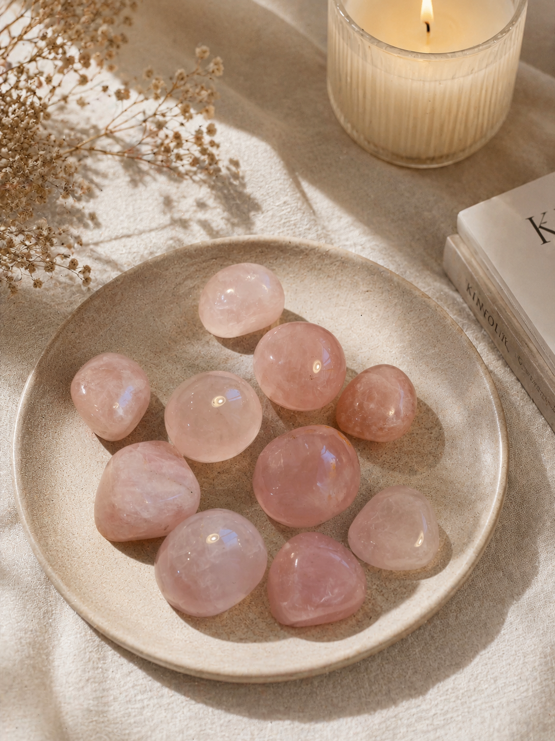 Rose Quartz tumbles for opening the heart chakra, foster deep self-love, soothing emotional wounds and grief, attracting romantic or platonic relationships, and dispelling daily stress and anxiety.