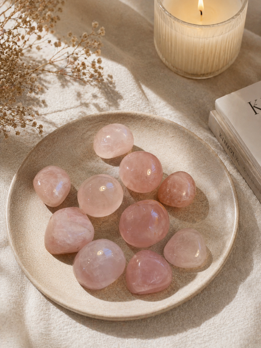 Rose Quartz tumbles for opening the heart chakra, foster deep self-love, soothing emotional wounds and grief, attracting romantic or platonic relationships, and dispelling daily stress and anxiety.