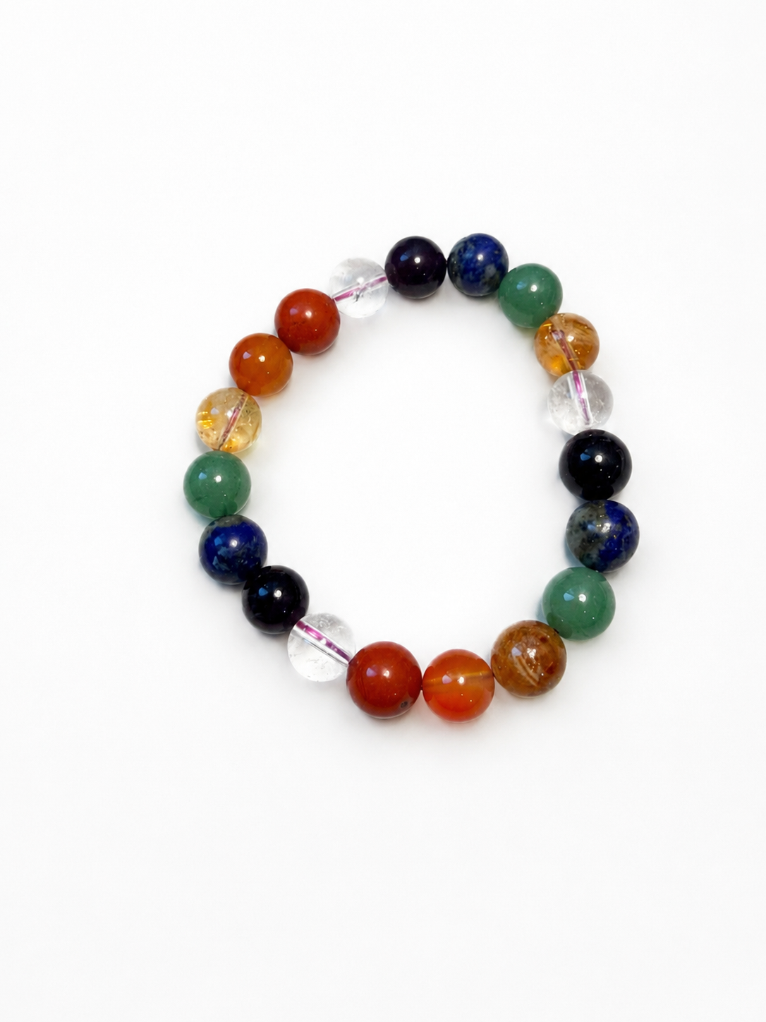7 Chakra Bracelet with seven natural gemstone beads - red jasper, carnelian, citrine, green aventurine, lapis lazuli, amethyst and clear quartz