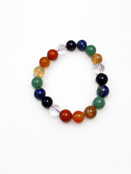 7 Chakra Bracelet with seven natural gemstone beads - red jasper, carnelian, citrine, green aventurine, lapis lazuli, amethyst and clear quartz