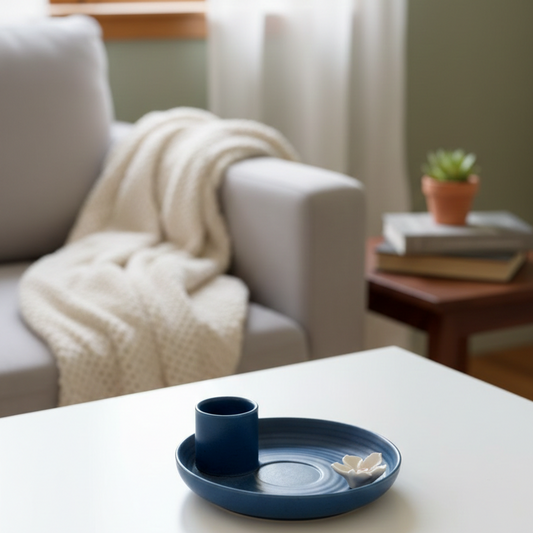 Blue ceramic cup and saucer on a white surface with a cozy living room in the background.