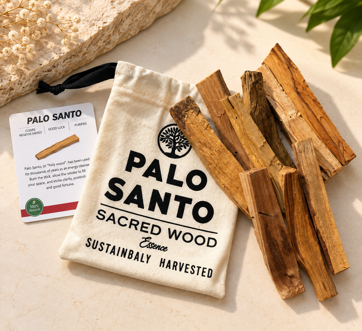 Palo Santo Sticks Gift Bundle – 90g (3oz) with Cotton Pouch & Guidance Card