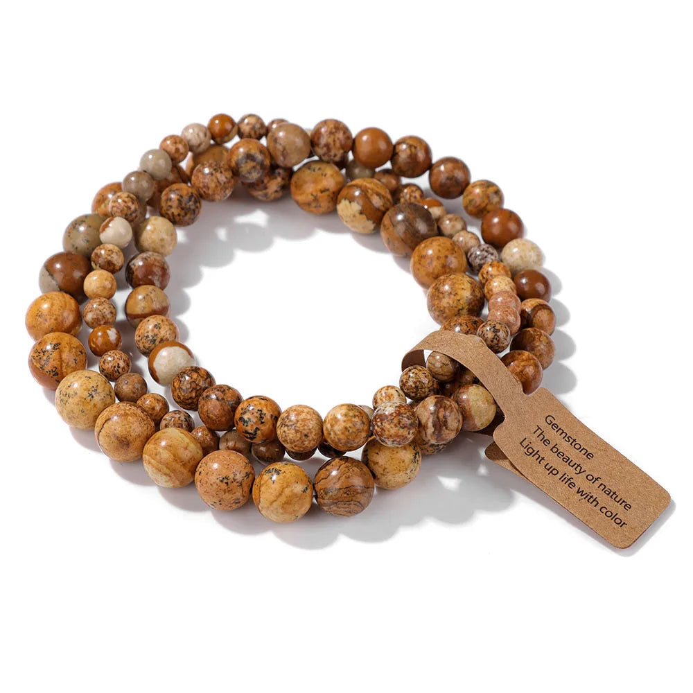 Natural Stone Bracelet Set — Picture Stone variant, triple strand mixed bead sizes