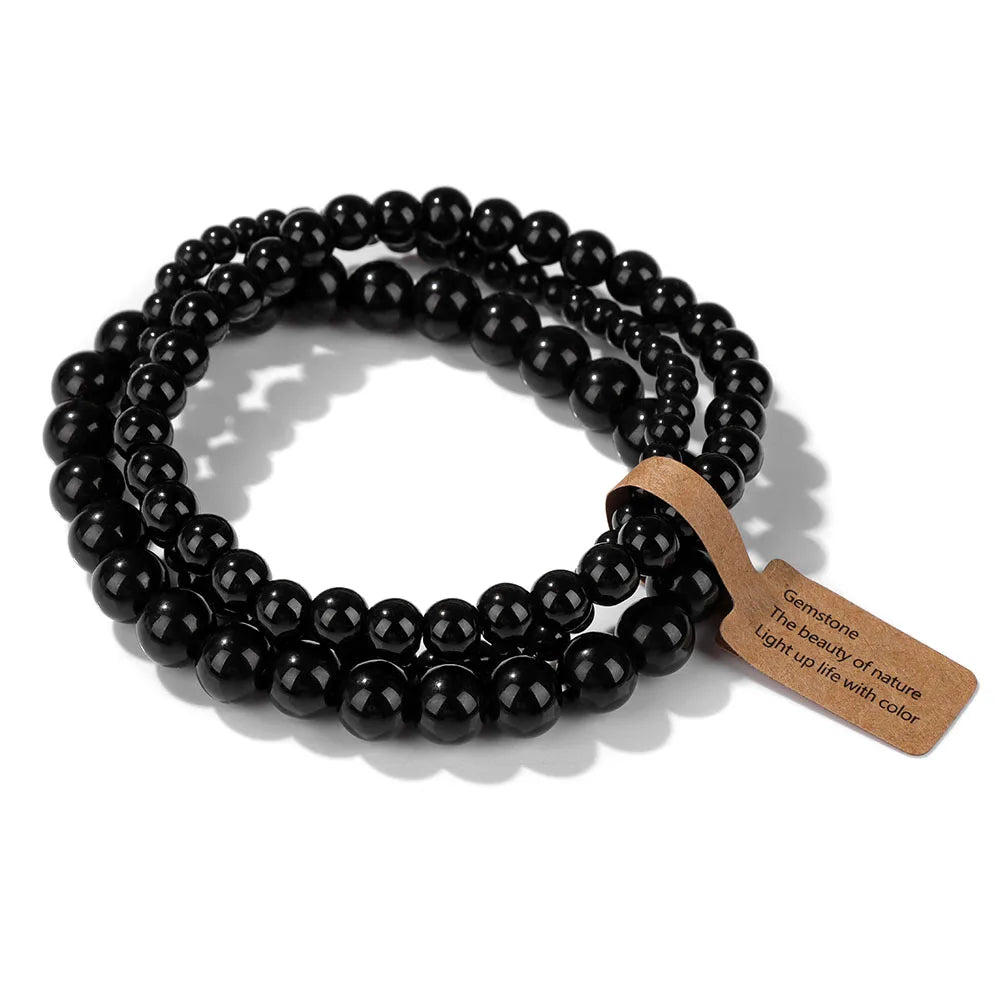 Natural Stone Bracelet Set — Triple Strand Gemstone Beads