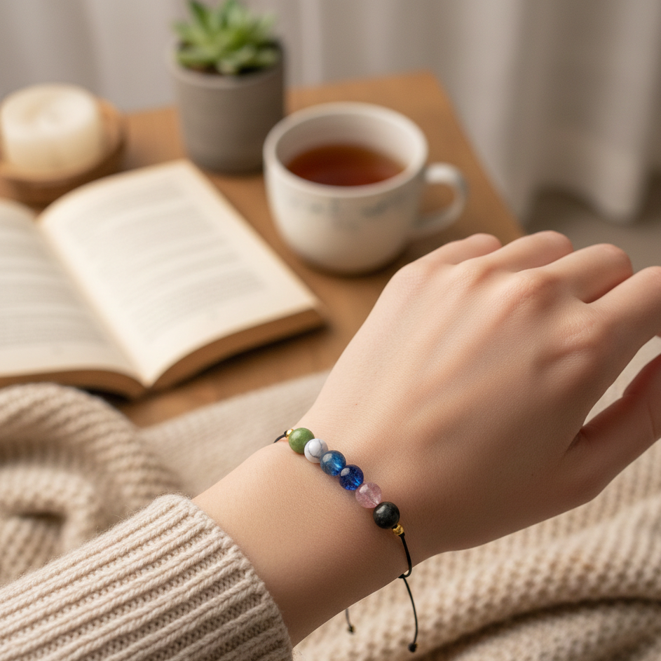 Hand wearing a colorful beaded bracelet with a cup of tea and book in the background