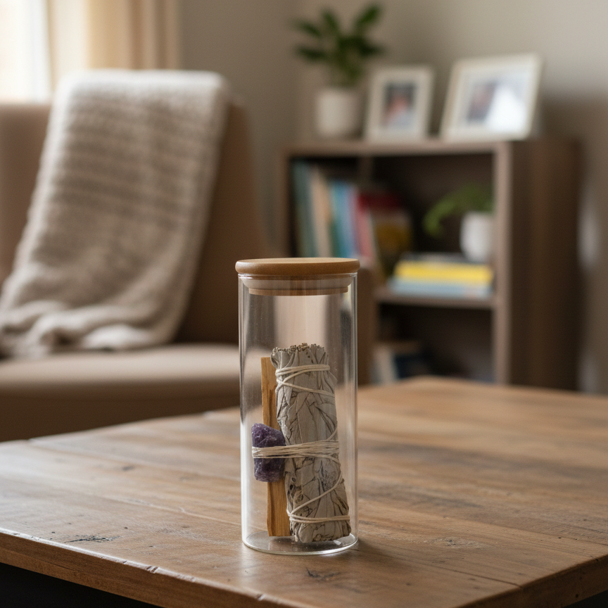 Glass jar with wooden lid on a wooden table in a cozy living room.