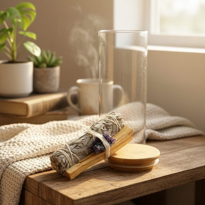 Wooden surface with a glass container, rolled fabric, and a cup, with a plant in the background.