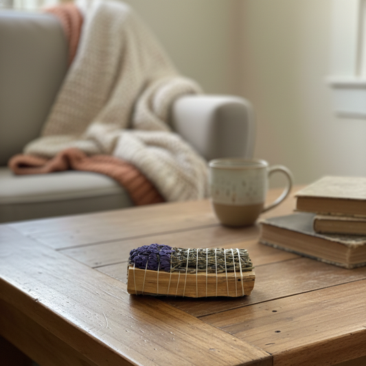 Wooden coffee table with a woven basket, mug, and books in a cozy living room.