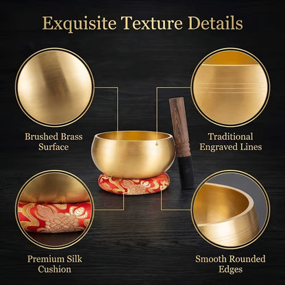 Close-up of a 12cm brushed brass singing bowl showing engraved rings, rounded rim and silk cushion