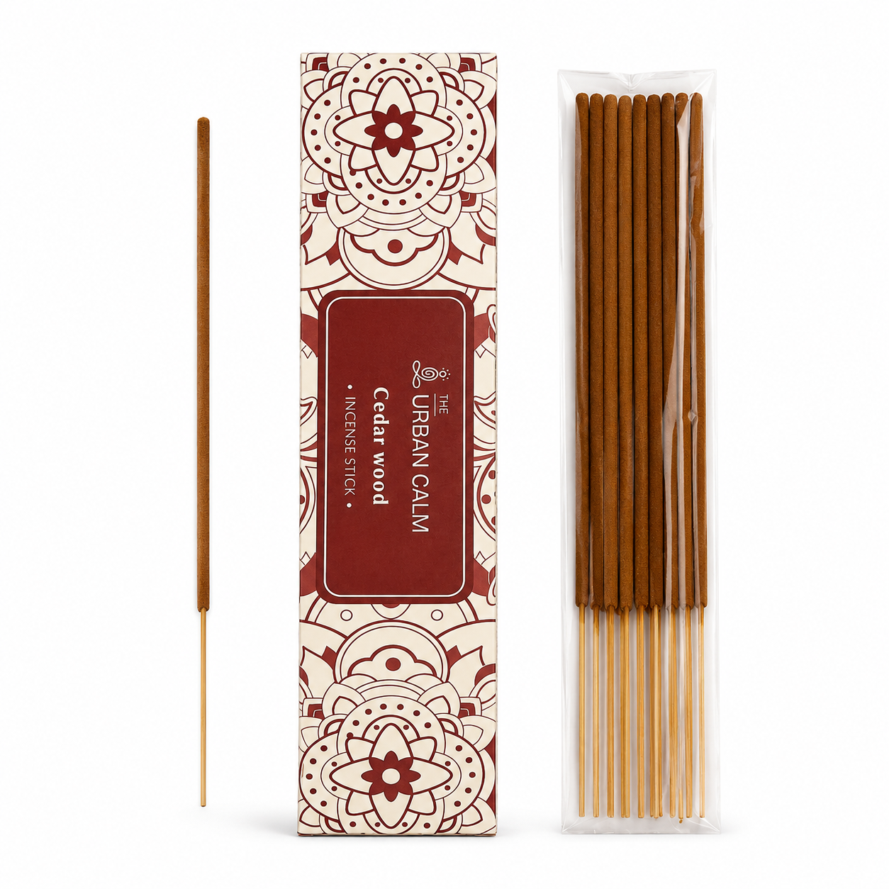The Urban Calm Cedar Wood incense sticks box with a single stick