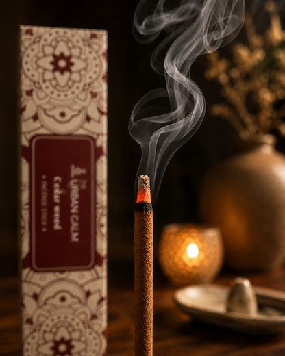 Close-up of a burning Cedar Wood incense stick with smoke