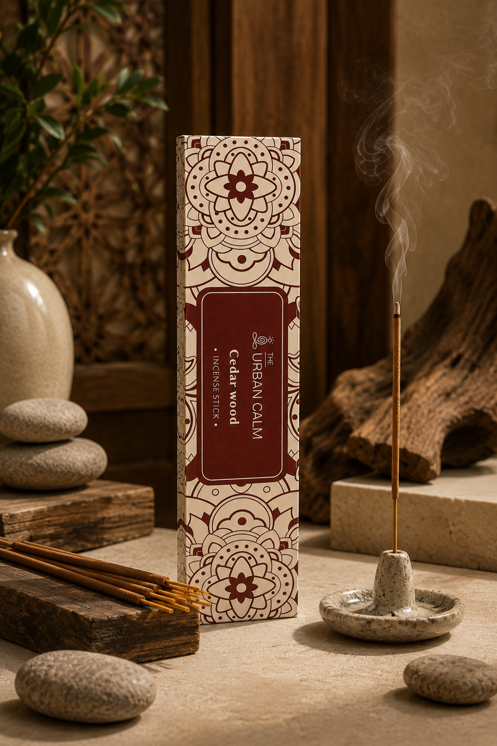 Cedar Wood incense box with stones, driftwood and ceramic holder
