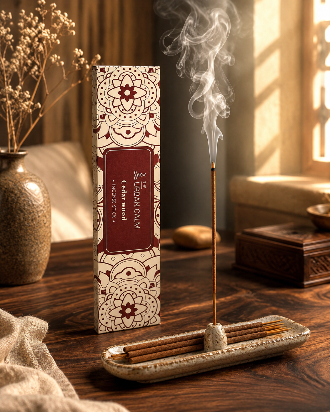 Cedar Wood incense burning on a wooden table in a cosy setting