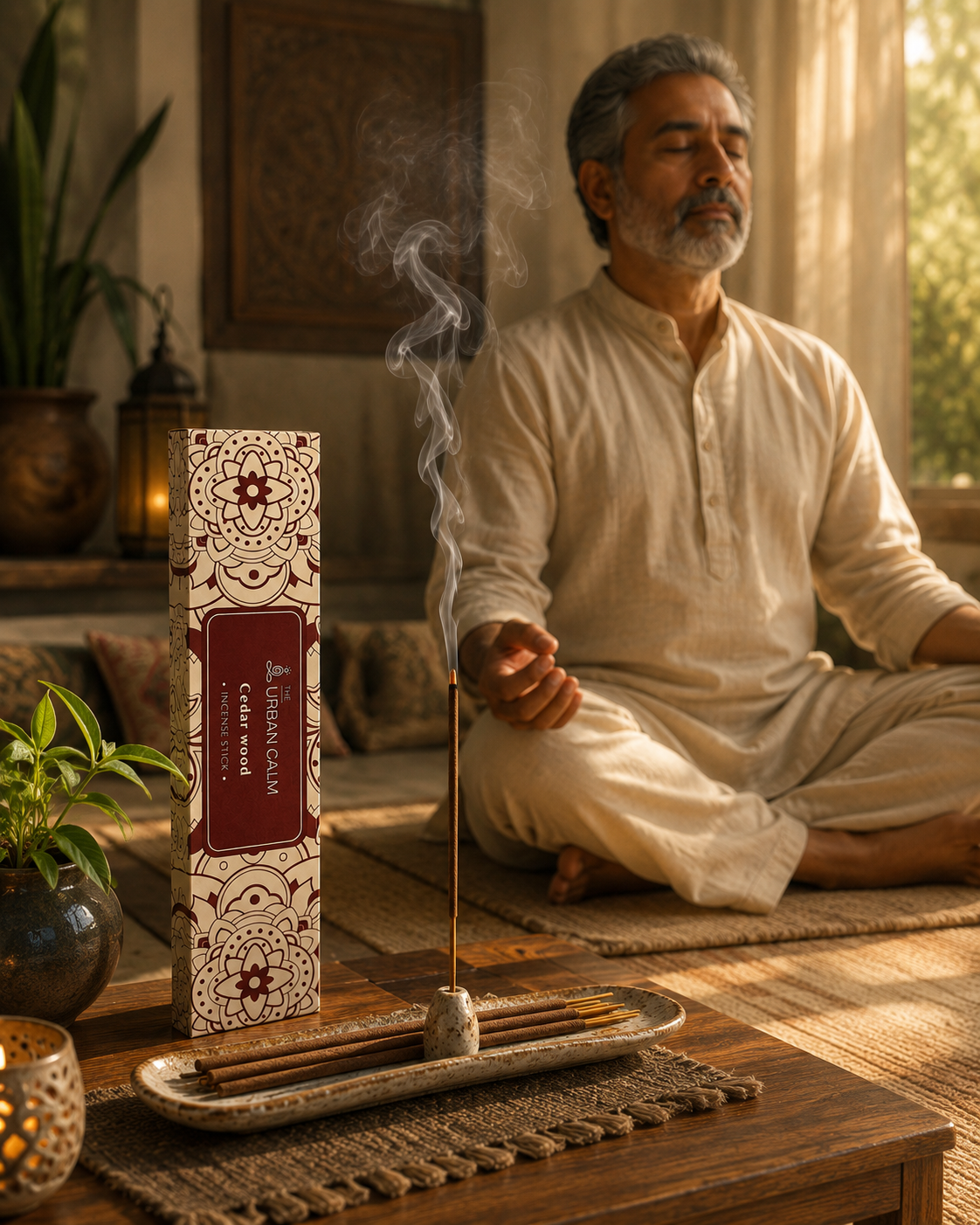 Man meditating beside burning Cedar Wood incense