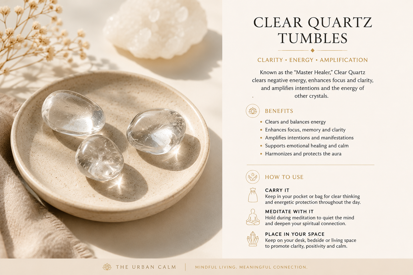 Clear Quartz tumbled stones showing natural variation in size and weight