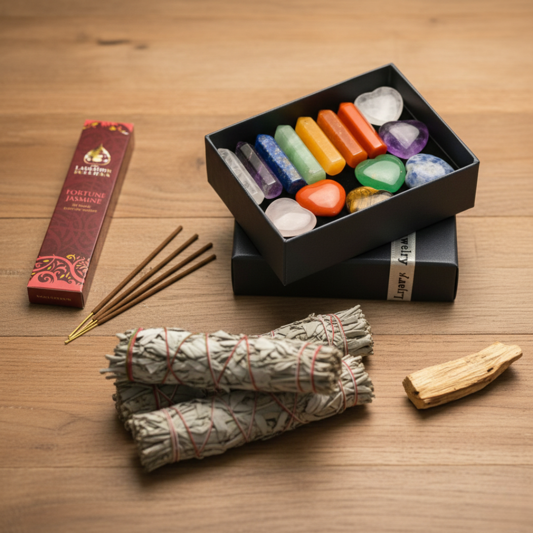 Collage of incense sticks, a box of stones, palo santo wood stick, and sage.