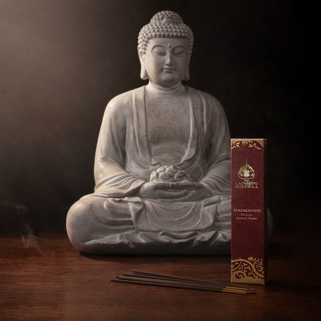 Statue of Buddha with sandalwood incense pack