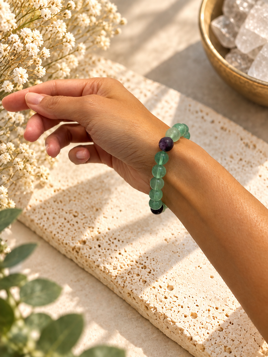 Fluorite bracelet with green and purple crystal beads on stretch cord