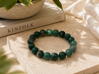 Close-up of green aventurine crystal bracelet beads