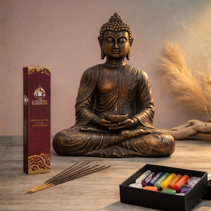 Buddha statue with incense sticks and a box of crystals


