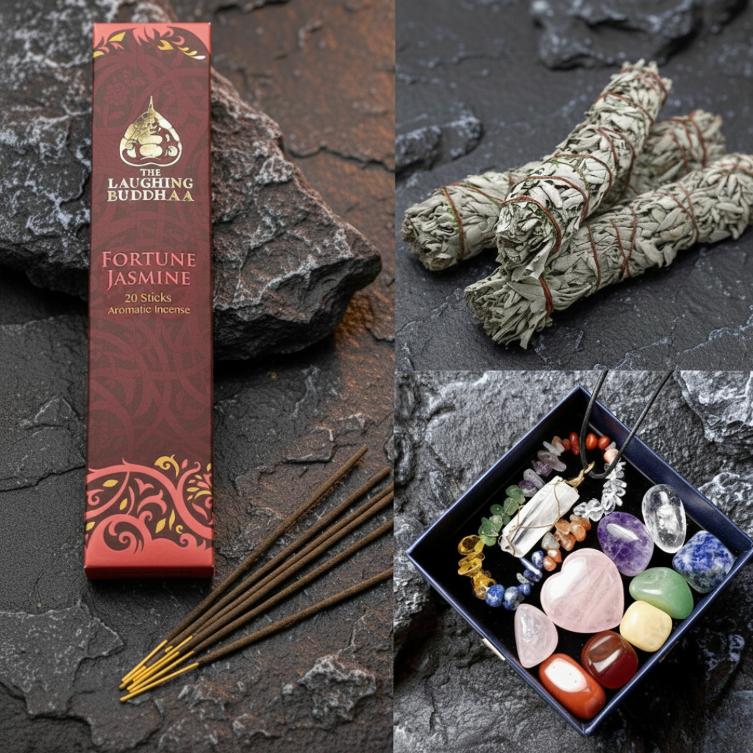 Jasmine incense sticks, sage smudge sticks, and a box of crystals