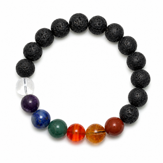 Lava Stone 7 Chakra Bracelet with matte black volcanic beads and seven chakra colour stones on a white background
