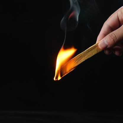 A hand lighting a palo santo stick, flame catching the end of the sacred wood