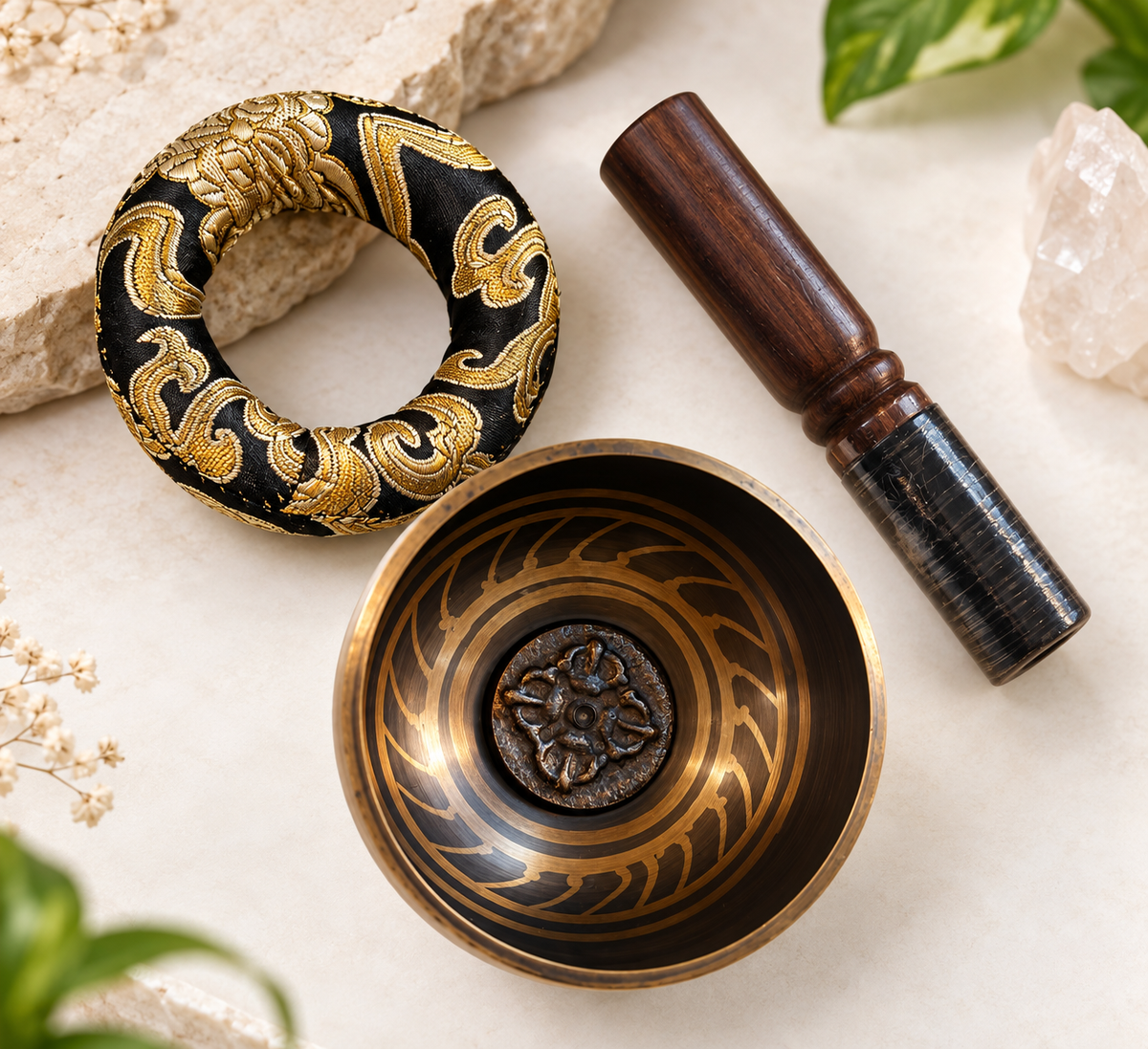 8cm Tibetan-style mini singing bowl set with engraved mantra, wooden mallet and black and gold brocade cushion