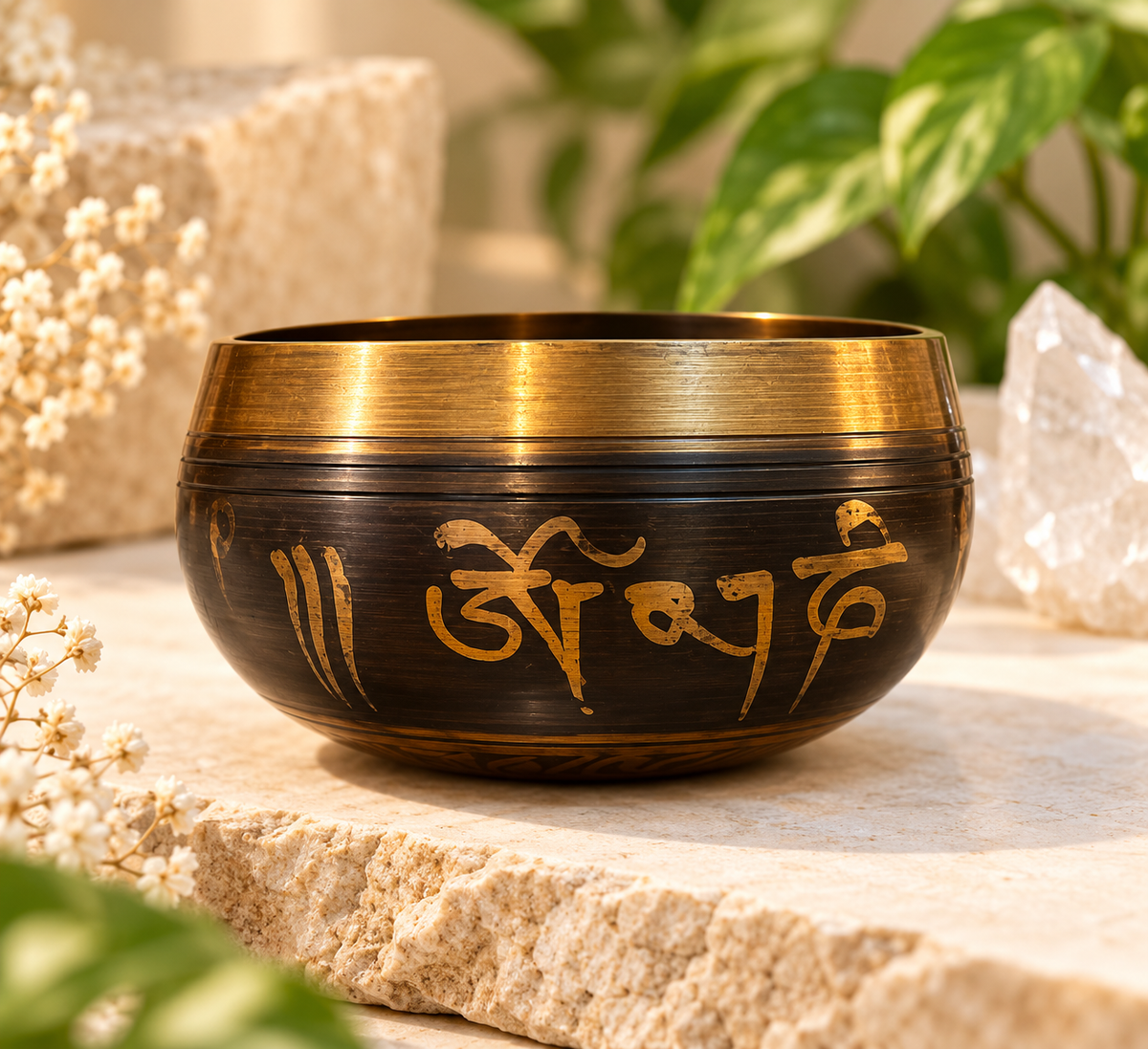 Palm-sized 8cm singing bowl showing engraved mantra and bronze-tone finish