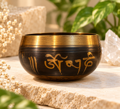 Palm-sized 8cm singing bowl showing engraved mantra and bronze-tone finish