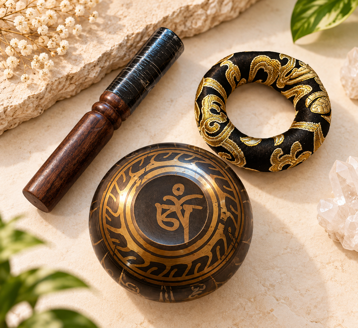 8cm engraved singing bowl detail with mallet and brocade ring cushion