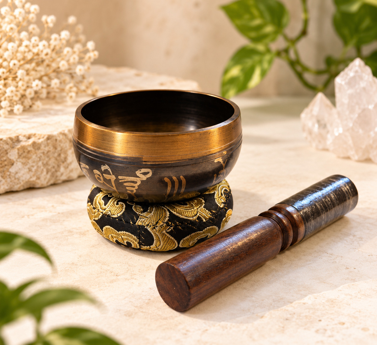 Mini singing bowl with antique bronze finish and gold engraved Om Mani Padme Hum mantra