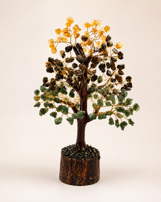 Money Magnet crystal tree with Pyrite and Citrine gemstones on wood base