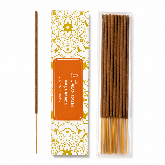 The Urban Calm Nag Champa incense box with a single stick and a packet of sticks on a white background