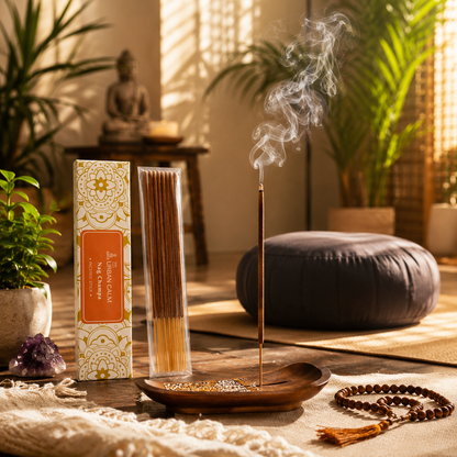 Nag Champa incense burning on a wooden tray in a sunlit meditation room with a Buddha statue and mala beads