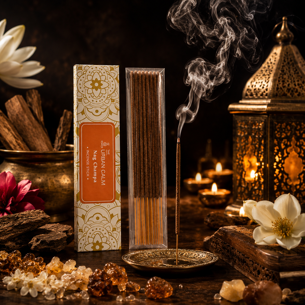 Nag Champa incense box and burning stick on a dark wooden surface with a brass lantern, flowers and resin