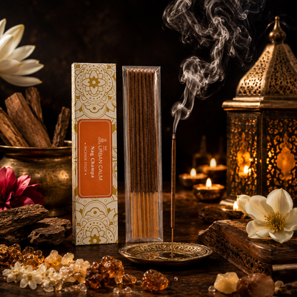 Nag Champa incense box and burning stick on a dark wooden surface with a brass lantern, flowers and resin