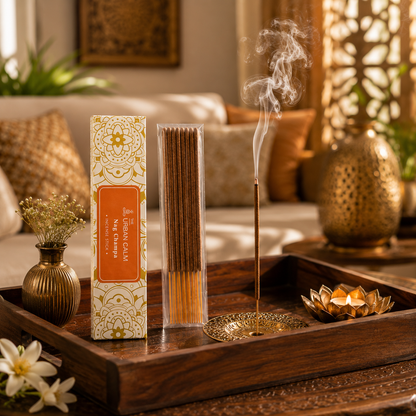 Nag Champa incense styled on a wooden tray in a warm living room with brass accents and candles