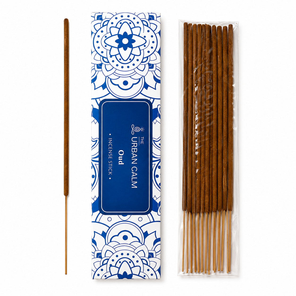 The Urban Calm Oud incense sticks box with single stick — white background