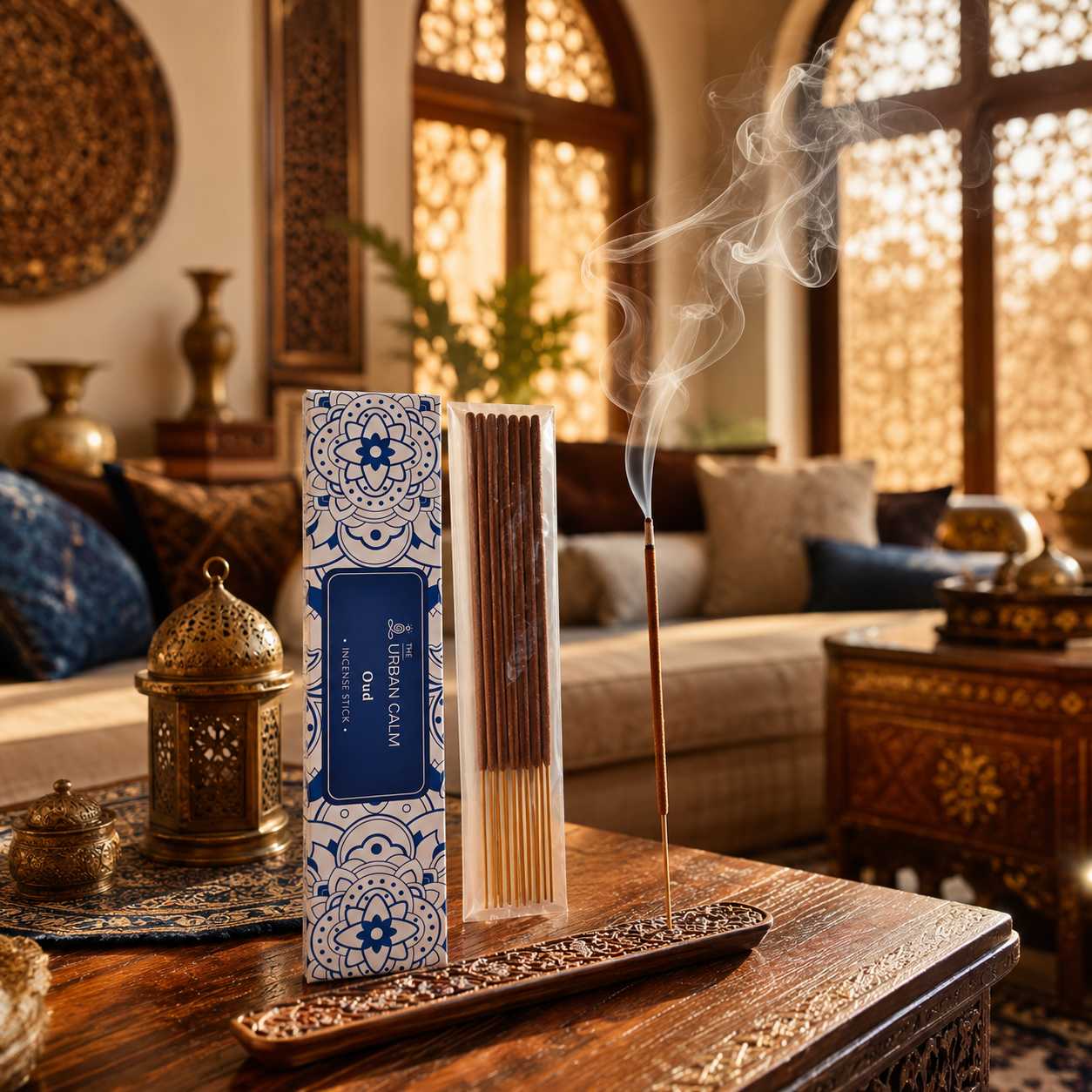 Oud incense burning in a Moroccan-style living room