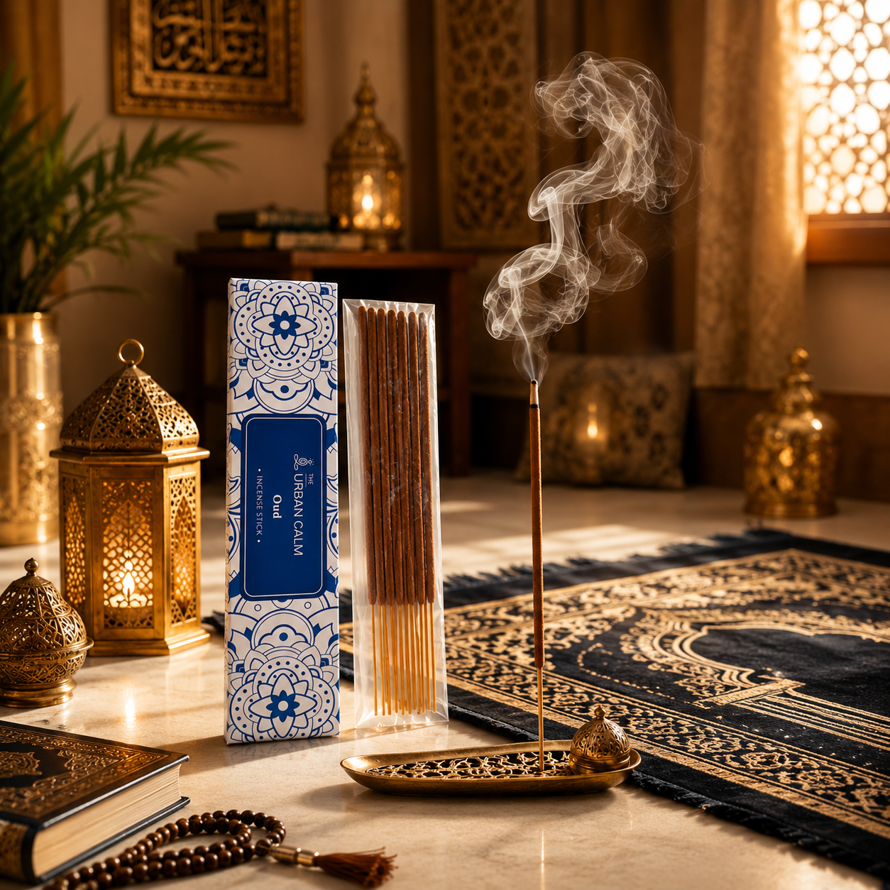 Oud incense beside a prayer mat and brass lanterns