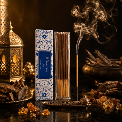 Oud incense with agarwood chunks and resin on a dark surface