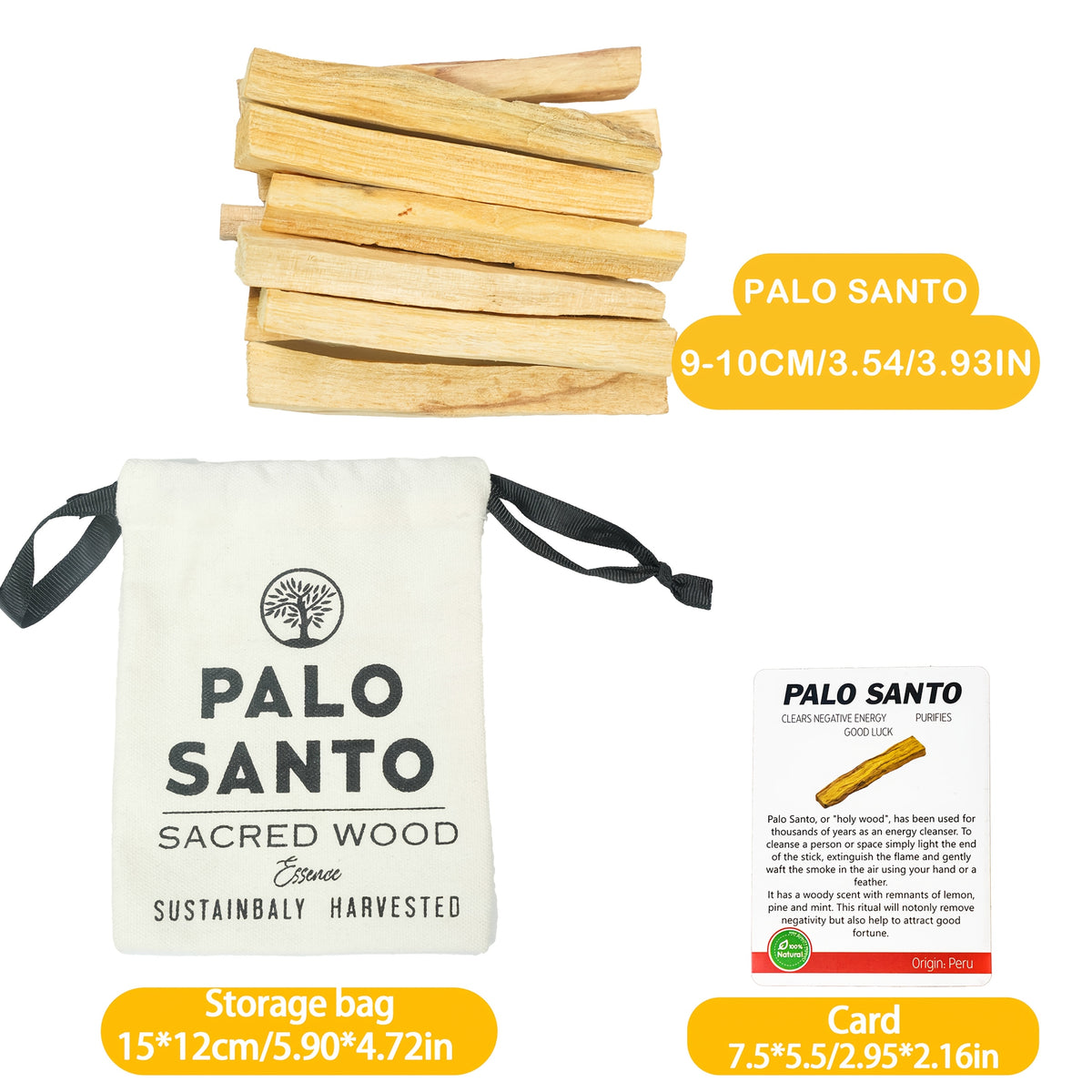 Palo santo bundle contents and sizes - the sticks, a 15 x 12cm storage pouch and a guidance card