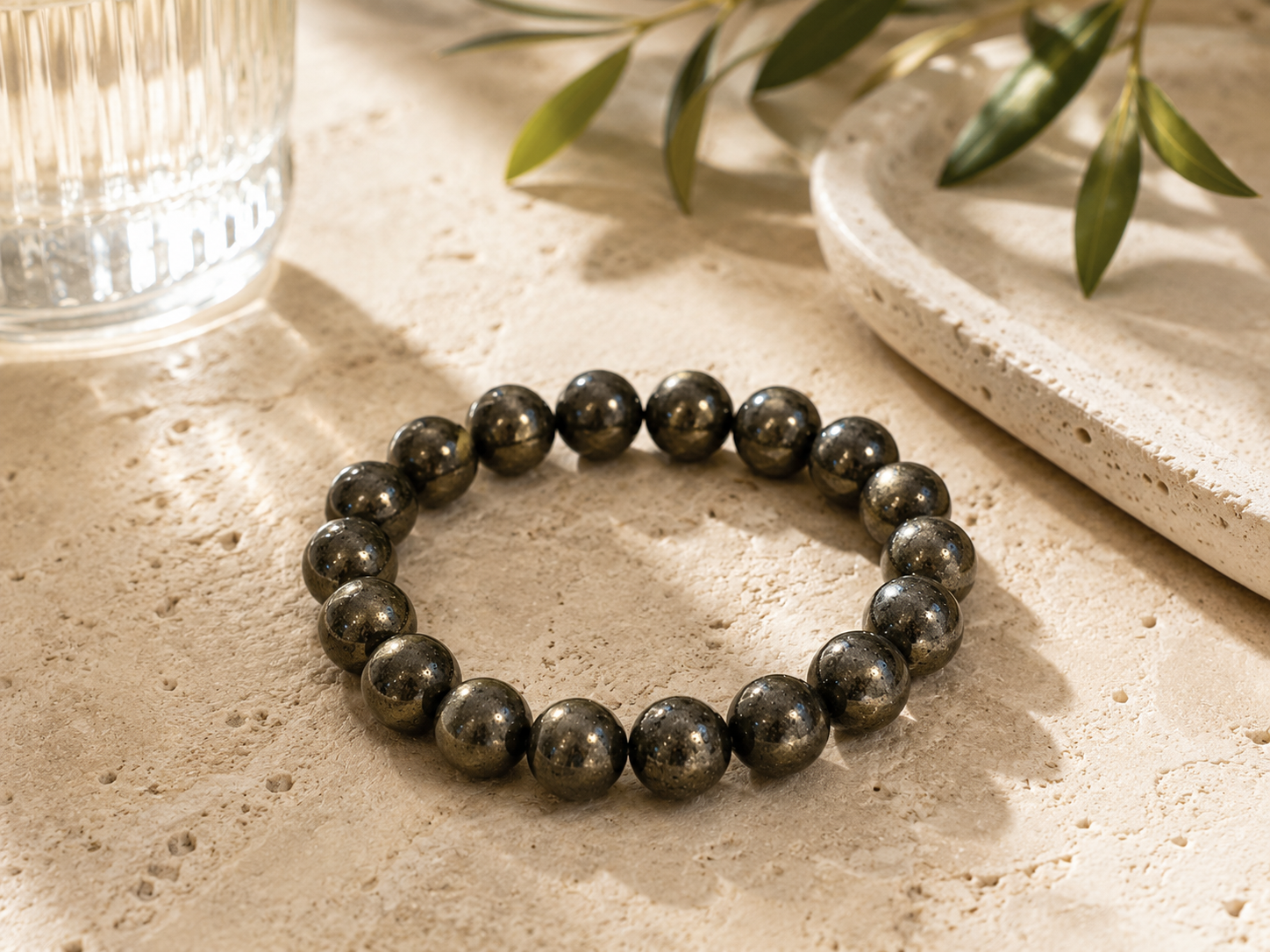 Close-up of natural pyrite crystal bracelet beads