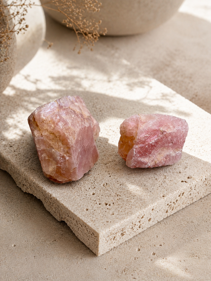 Raw Rose Quartz crystal styled for home decor and meditation