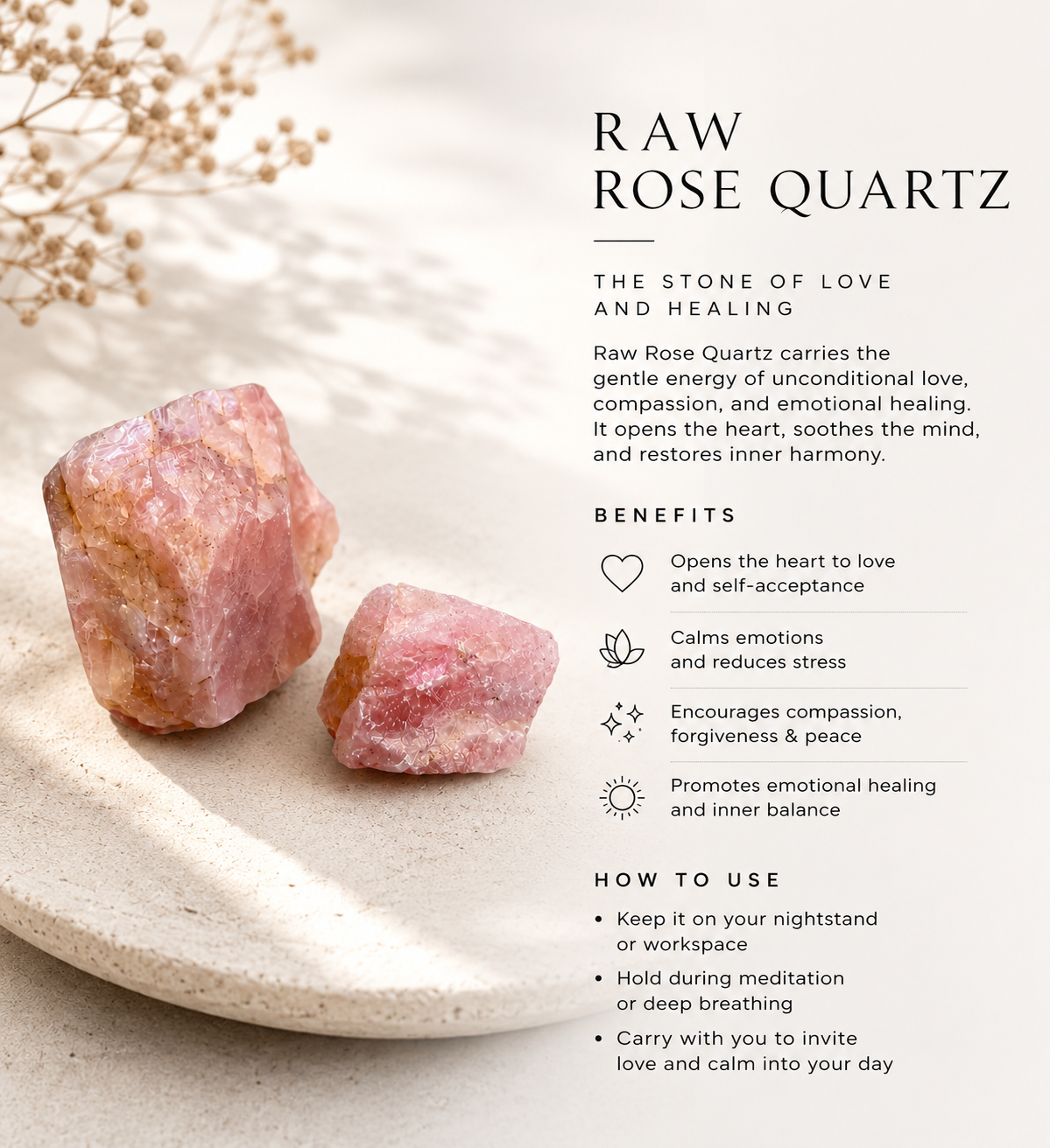 Raw Rose Quartz crystal showing natural size and weight variation