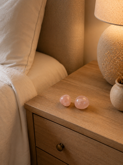 Rose Quartz crystal tumbles styled for meditation and home decor