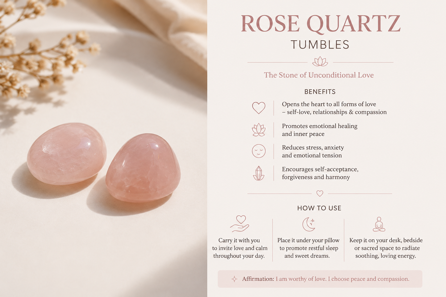 Rose Quartz tumbled stone showing natural variation in size and weight