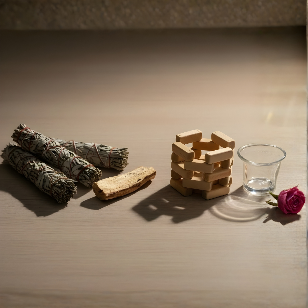 Collage of a palo santo wood stick, sage smudge sticks, and a wooden candle holder
